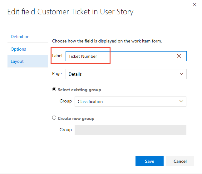 Layout tab, Relabel a field