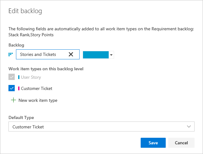 Exemple de changement de nom du backlog, d’ajout d’un ticket client et de modification du type par défaut en Ticket client.