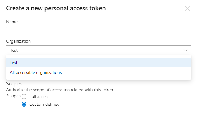 Capture d’écran de la définition de l’étendue PAT sur Toutes les organisations accessibles.