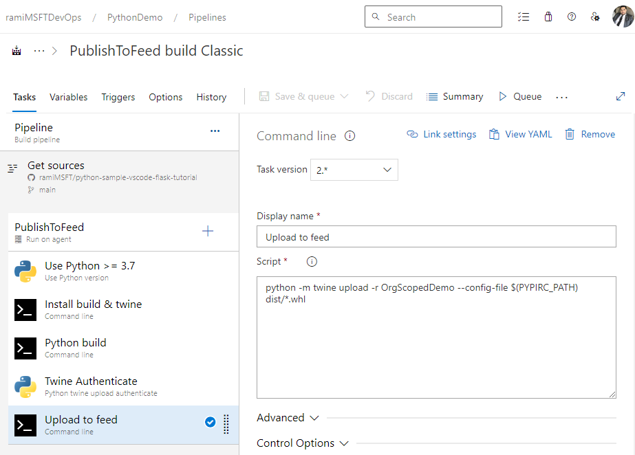 Capture d’écran d’un pipeline classique permettant de publier des packages Python dans un flux Azure Artifacts.