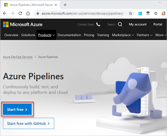 Capture d’écran de la page Démarrer gratuitement avec Azure Pipelines.