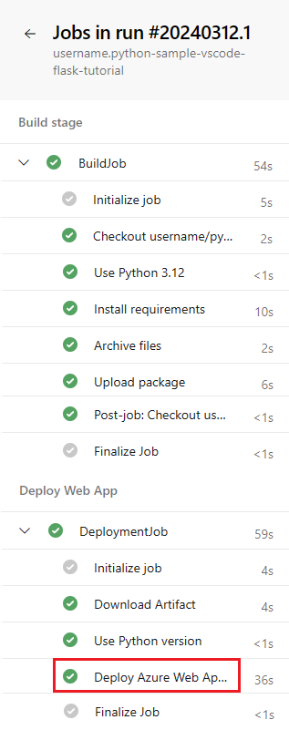 Capture d’écran des étapes de l’étape du pipeline.