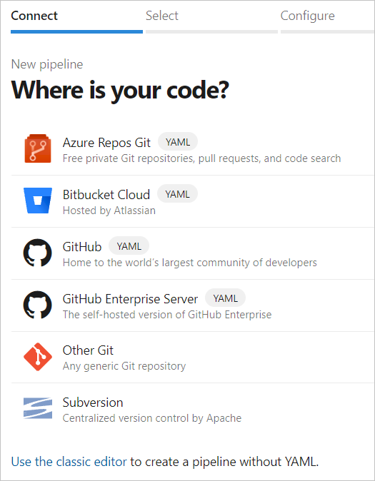 Liste des sélections possibles pour votre code source.