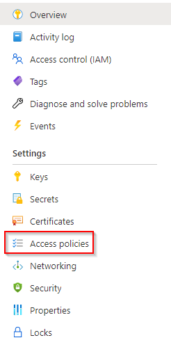 A screenshot showing how to navigate to your key vault access policies in Azure portal.