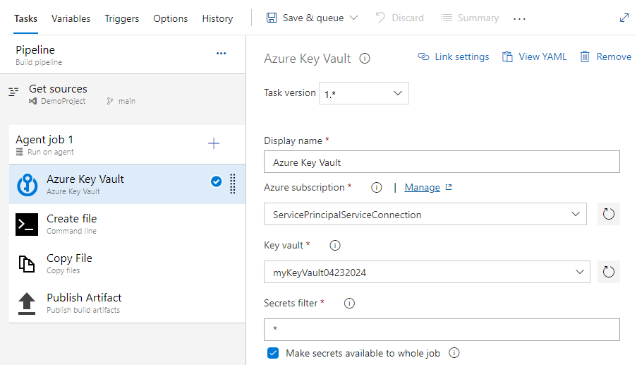 Capture d’écran montrant comment configurer la tâche Azure Key Vault dans un pipeline classique dans Azure DevOps Server 2019.