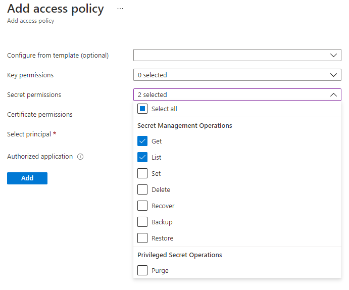 A screenshot showing how to add get and list permissions to your key vault in Azure portal.