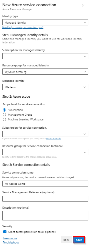 Capture d’écran montrant comment créer une connexion de service ARM d’identité managée.