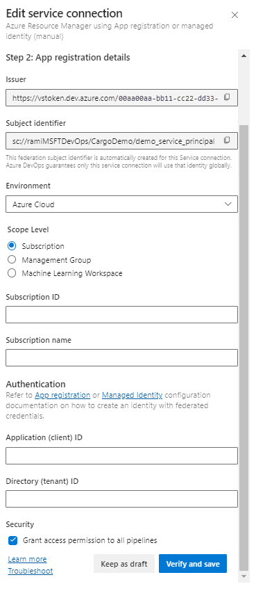 Capture d’écran montrant comment créer une connexion de service ARM à l’aide de l’inscription d’application.