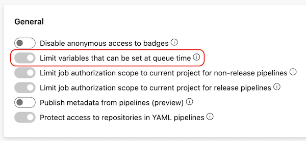 Capture d’écran de la limitation des variables qui peuvent être définies au moment de la mise en file d’attente au niveau du projet.