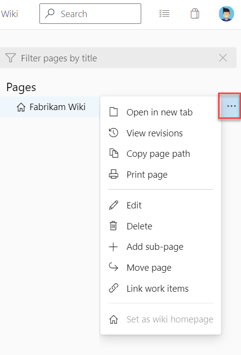 Capture d’écran des options de menu De page Wiki provisionnée.