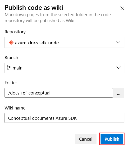 Capture d’écran montrant le nom entré pour le dépôt wiki.
