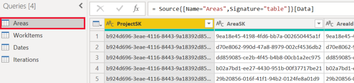 Capture d’écran de la liste requêtes de flux OData Power BI.