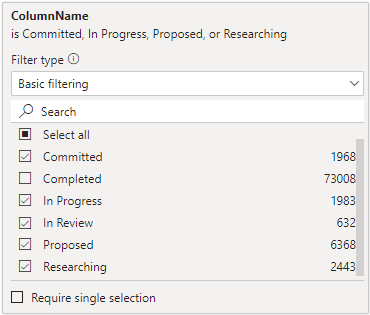 Capture d’écran des filtres Power BI pour ColumnName. 