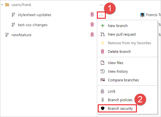 Capture d’écran montrant l’ouverture de la page des autorisations de branche à partir du menu contextuel des branches.