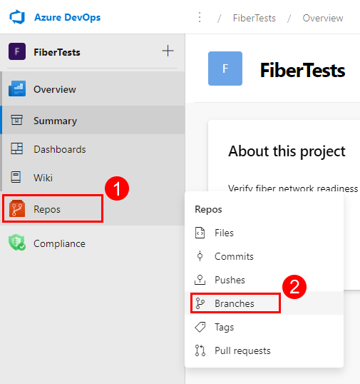Capture d’écran de la page du projet Azure DevOps avec le menu Dépôt étendu.