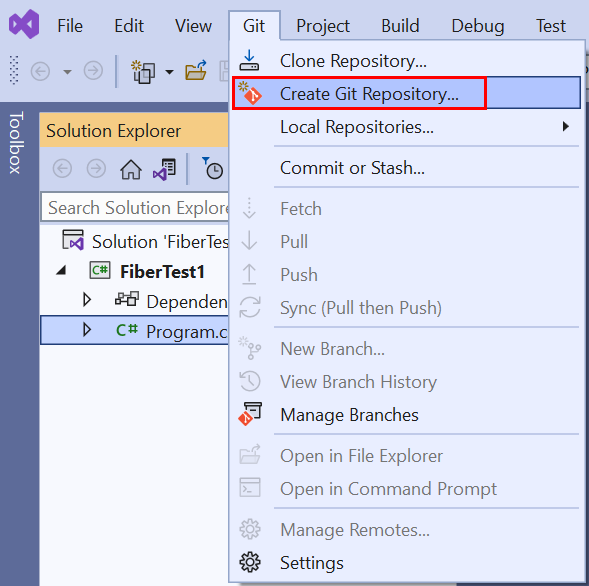 Capture d’écran de l’option « Créer un référentiel Git » dans le menu Git de la barre de menus de Visual Studio 2019.