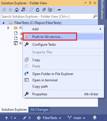 Capture d’écran de l’option de menu « Envoyer vers le service Git » dans le menu Git de la barre de menus de Visual Studio 2019.