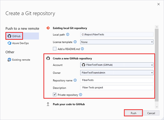 Capture d’écran de la fenêtre « Créer un référentiel Git », avec l’URL d’un référentiel GitHub vide, dans Visual Studio 2022.