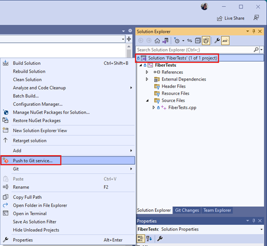 Capture d’écran de l’option « Envoyer vers le service Git » dans le menu contextuel de Visual Studio 2022.