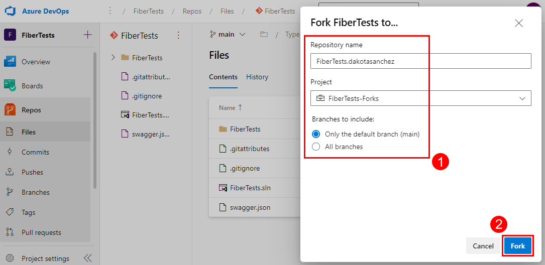 Capture d’écran de la boîte de dialogue Duplication (fork) dans la page Fichiers de référentiel dans Azure Repos.
