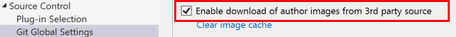 Capture d’écran montrant la case à cocher pour activer le téléchargement d’images d’auteur à partir d’une source tierce dans la boîte de dialogue Options de Visual Studio.