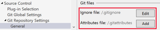 Capture d’écran montrant le bouton Modifier pour les fichiers d'ignorance ou d’attribut dans Visual Studio.