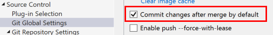 Capture d’écran montrant la case à cocher pour valider les modifications après fusion par défaut dans la boîte de dialogue Options de Visual Studio.