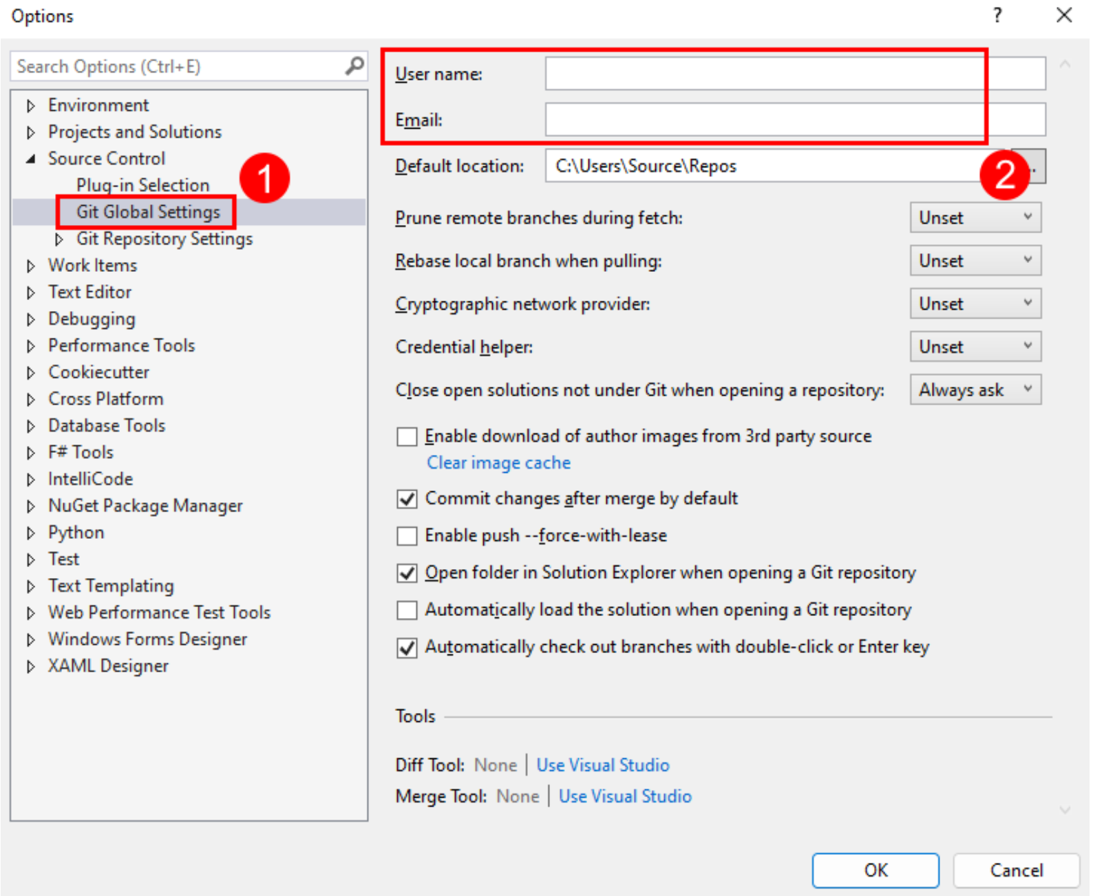 Capture d’écran des paramètres de nom et de messagerie dans Les paramètres globaux Git dans la boîte de dialogue Options de Visual Studio.
