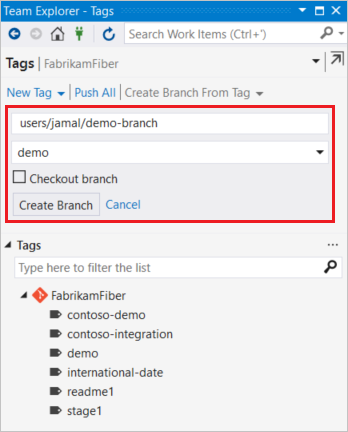 Capture d’écran de la boîte de dialogue créer une branche à partir d’une balise dans Visual Studio.