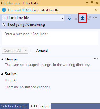 Capture d’écran du bouton d’envoi (push) de flèche vers le haut dans la fenêtre «&nbsp;Modifications Git&nbsp;» de Visual Studio.