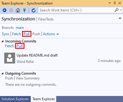 Capture d’écran du lien Tirer (pull) dans l’affichage Synchronisation de Team Explorer dans Visual Studio 2019.