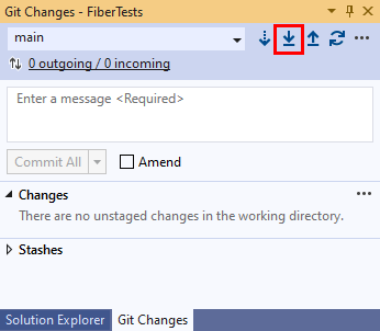 Capture d’écran du bouton de tirage (pull) dans la fenêtre Modifications Git de Visual Studio 2019.
