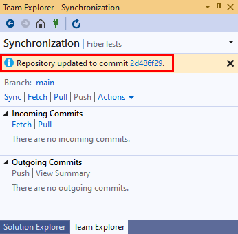Capture d'écran du message de confirmation de tirage (pull) dans la vue Synchronisation de Team Explorer dans Visual Studio 2019.