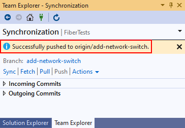 Capture d’écran du message de confirmation Push dans Team Explorer dans Visual Studio 2019.