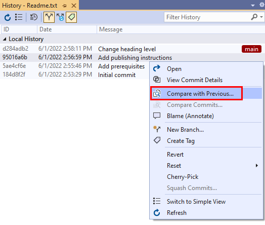 Capture d’écran de l’option Comparer avec l’option Précédente dans le menu contextuel de validation dans la vue Historique des validations dans Visual Studio.