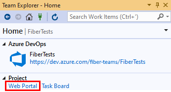 Capture d’écran montrant le lien portail web dans l’affichage Accueil de Team Explorer dans Visual Studio 2019.