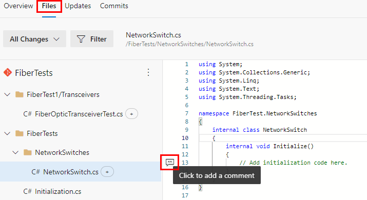 Capture d’écran de l’icône de commentaire dans la demande de tirage Azure Repos.