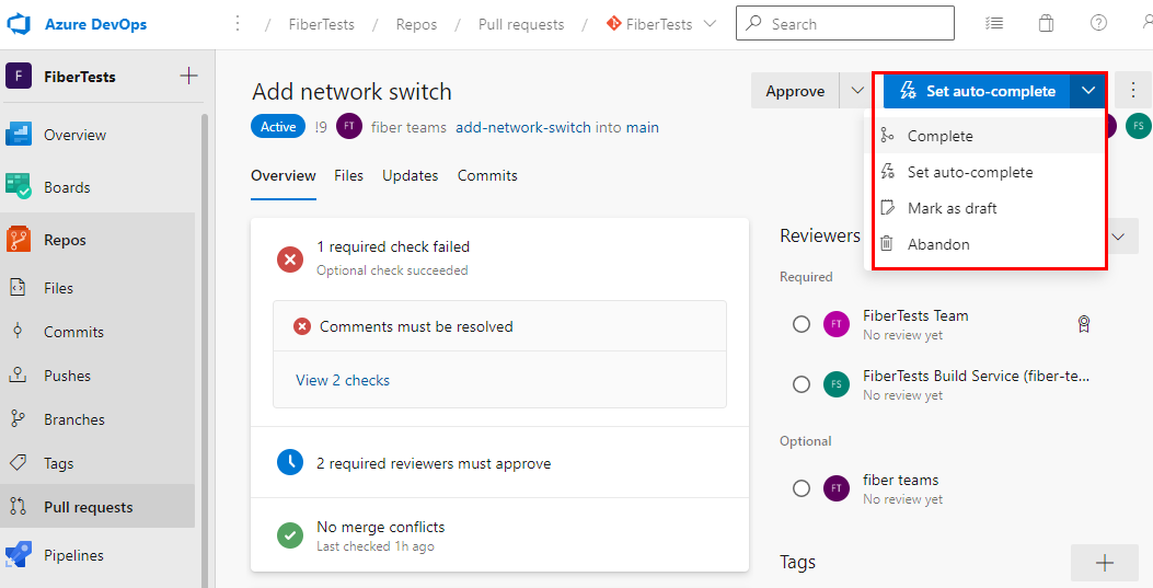 Capture d’écran des options de résolution de demande de tirage dans une demande de tirage Azure Repos.