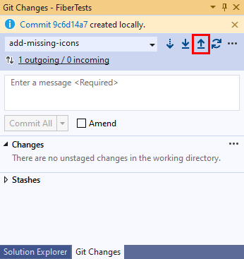 Capture d’écran du bouton d’envoi (push) de flèche vers le haut dans la fenêtre « Modifications Git » de Visual Studio.