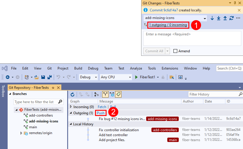 Capture d’écran du lien « sortant / entrant » dans la fenêtre « Modifications Git » et du lien Envoyer (push) dans la fenêtre « Référentiel Git » de Visual Studio.