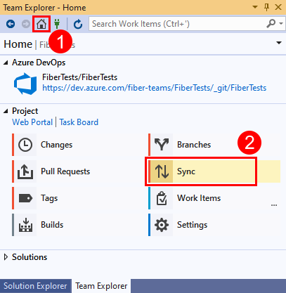 Capture d’écran de l’option Sync dans Team Explorer dans Visual Studio 2019.
