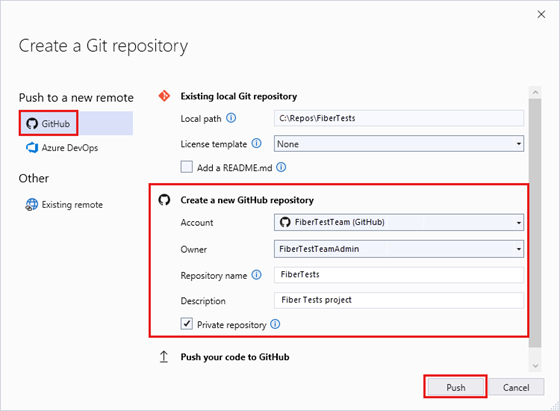 Capture d’écran de la boîte de dialogue «&nbsp;Créer un référentiel Git&nbsp;» pour Visual Studio&nbsp;2022.