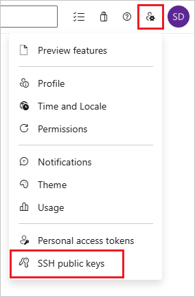Screenshot qui affiche l’élément de menu clés publiques SSH et l’avatar utilisateur sélectionné dans Azure DevOps.