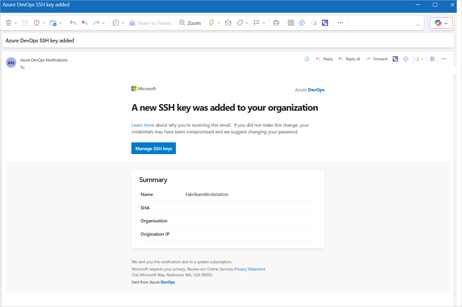 Capture d’écran montrant la notification par e-mail de clé SSH.