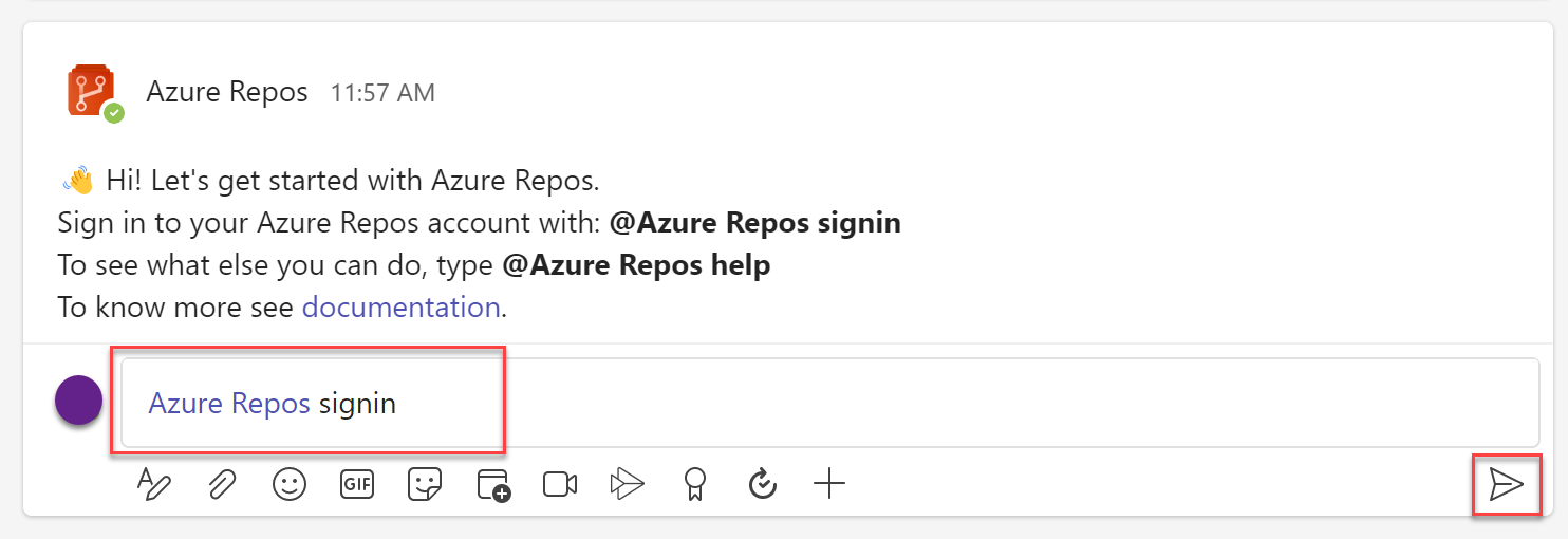 Capture d’écran montrant l’entrée de connexion Teams pour Azure Repos.