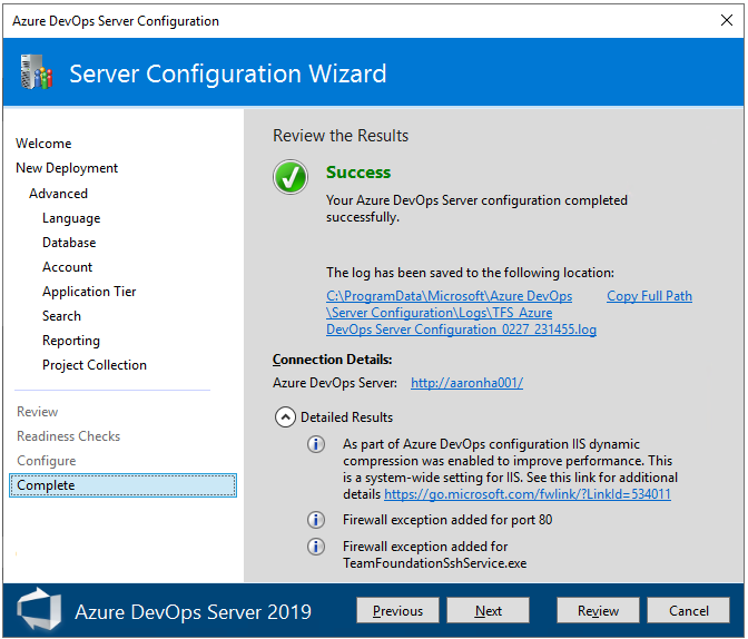 Capture d’écran de configuration avancée, page Terminé.