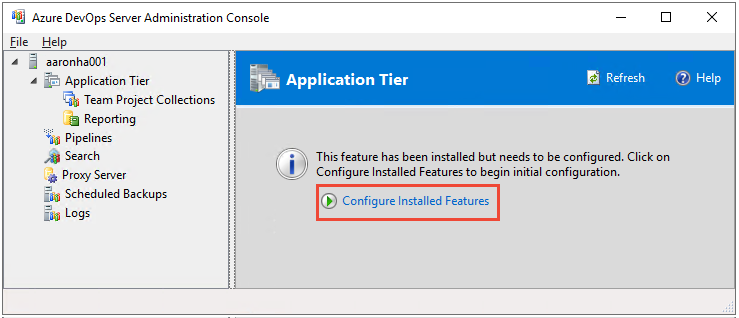 Capture d’écran de Azure DevOps Server Assistant Configuration Center, Niveau Application, choisissez Configurer les fonctionnalités installées.