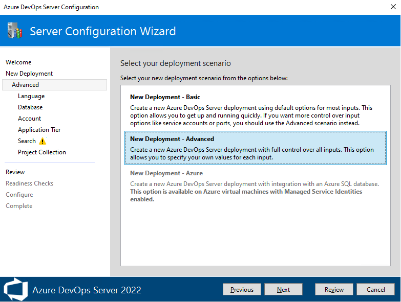 Capture d’écran de l’Assistant Configuration du serveur, Nouveau déploiement, option Avancée sélectionnée, 2022.