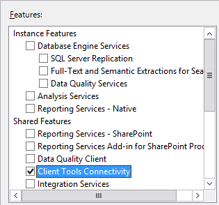 Capture d’écran de l’installation de la fonctionnalité connectivité Outils clients SQL Server.