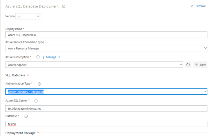 Capture d’écran de la boîte de dialogue Déploiement d’Azure SQL Database avec l’option de liste déroulante Type d’authentification mise en surbrillance.